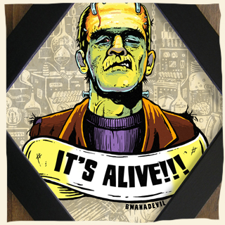 Frankenstein. It's alive, poster enmarcado en forma de diamante creado por BwanaDevil, frankenstein, monstruo frankenstein, terror clasico, monstruo, clasicos terror, esta vivo, zombie, lowbrow art, ilustracion enmarcada, marco madera, marco diamante, boris karloff, elsa lanchaster, frankenstein clasico, it's alive, psychobilly, decoracion terror, poster terror, tattoo art, madrid, espaa 